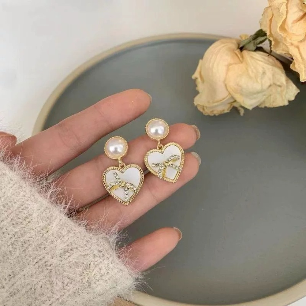 4/$15 Gold Pearl Studs Crystal Heart Bow Earrings